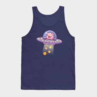 Cute Pig Catching Gold Coin Money With Ufo Cartoon Tank Top